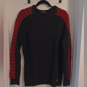 Black and Red Crewneck Sweater with Striped Sleeves